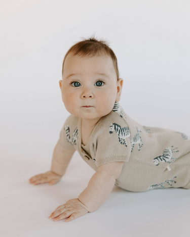 Baby wearing zebra print knit playsuit in mushroom