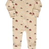 flat lay image of modal convertible footy pajamas in light beige color with farm print