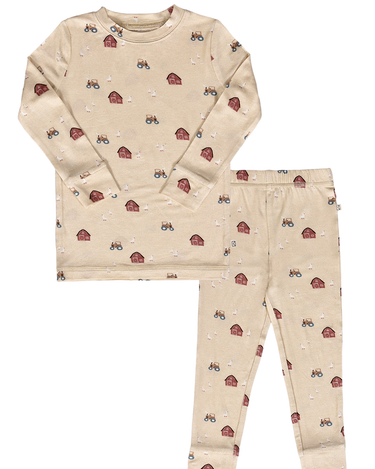 flat lay image of modal pajama set in light beige color with farm print