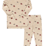 flat lay image of modal pajama set in light beige color with farm print