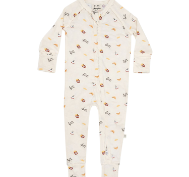 Flat lay image of modal convertible footy pajamas in petit dejeuner print. 