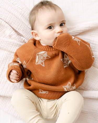 Image shows baby boy wearing organic cotton knit sweater with fox jacquard pattern in mocha. 