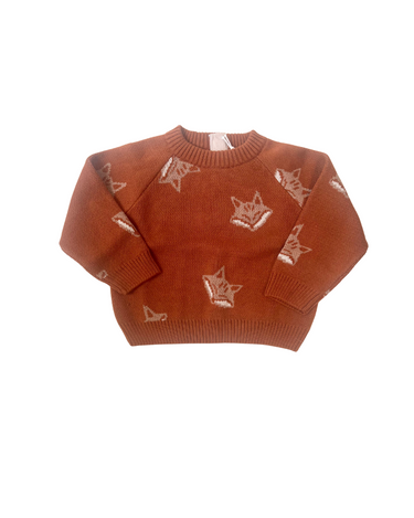 Flat lay image of organic cotton knit sweater with jacquard fox pattern in mocha. 