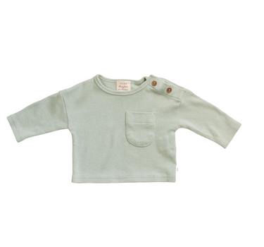 Image shows organic cotton modal rib long sleeve tee in jade with pocket and Magnetic Button at neck.