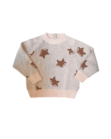 Flat lay image of organic cotton knit fox jacquard sweater in pale pink. 