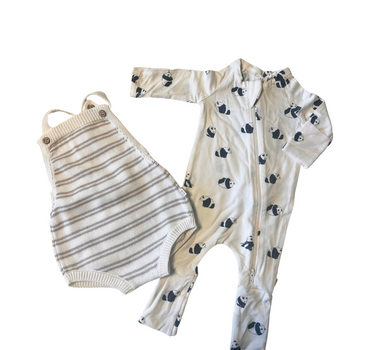 Image shows summertime baby bundle with organic cotton stripe knit romper in mushroom and modal convertible footy pajamas in panda print. 