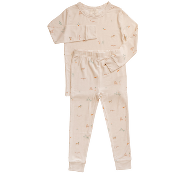 Image shows modal jersey pajama set in Paris print.