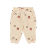 flat lay image of organic cotton fleece joggers in farm print with light beige color