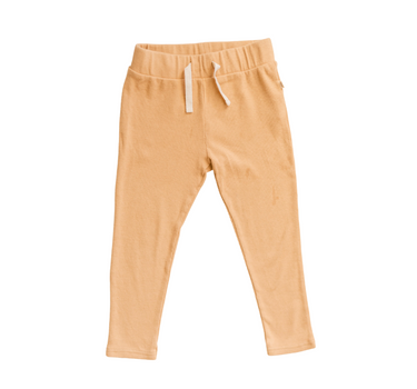 Image shows organic cotton modal rib leggings in acorn with faux drawstrings.