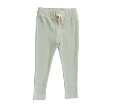 Image shows organic cotton modal rib leggings in jade with faux drawstrings