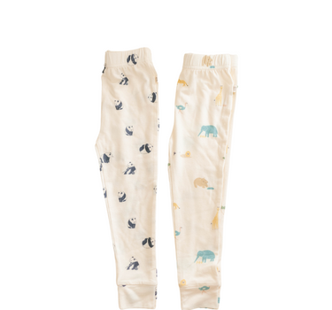 Image shows toddler pajama set bottoms in zoo and panda prints. 