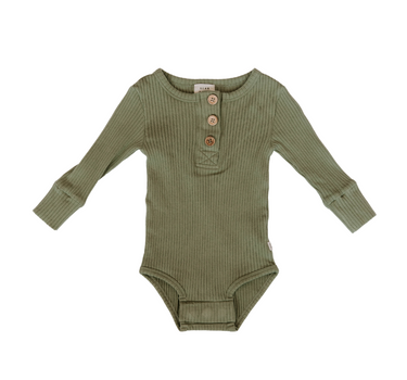 Flat lay image of organic cotton rib bodysuit with Magnetic Buttons in neutral basil  color. Bodysuit opens with Magnetic Buttons at the neck as well as crotch.